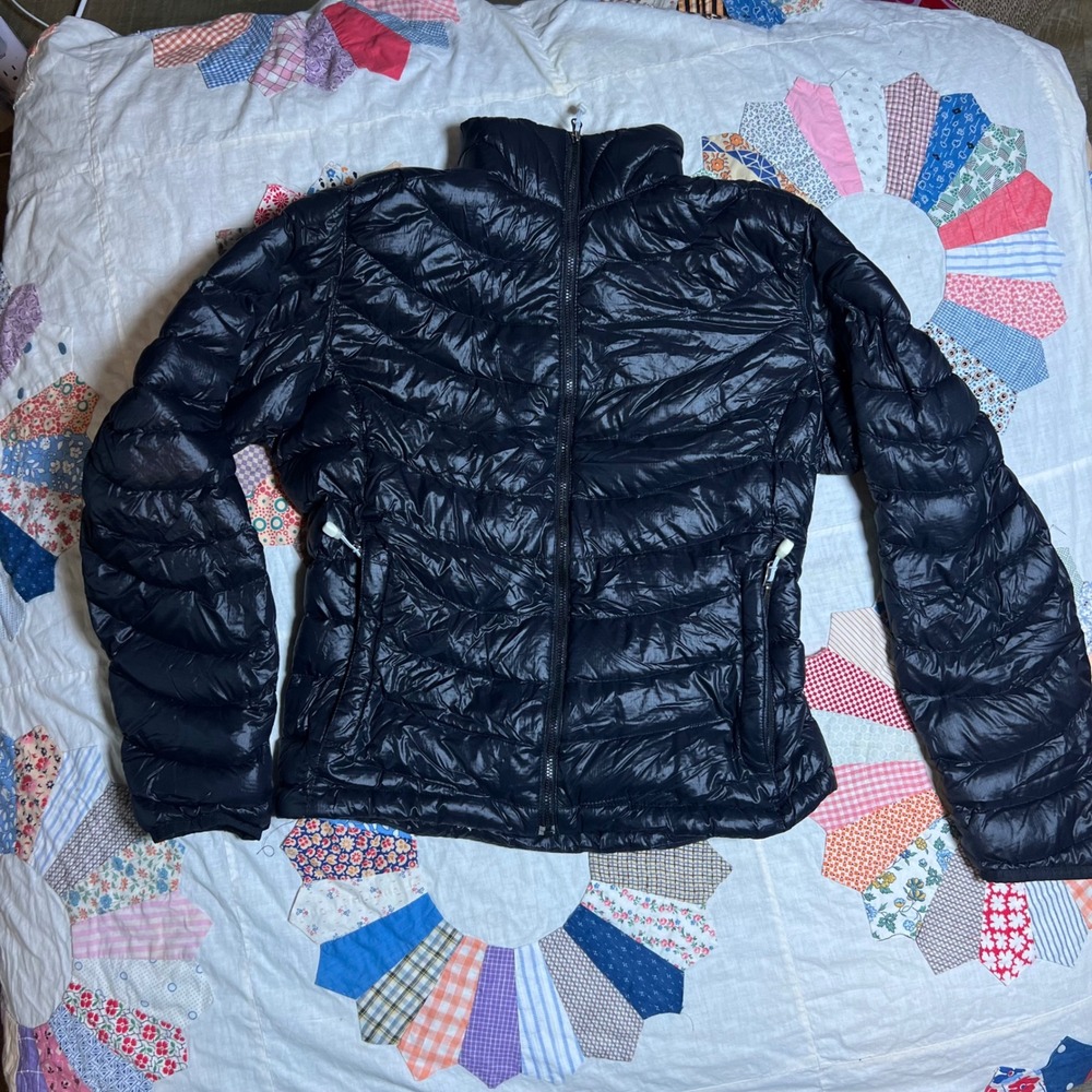 Lands End Womens Black Down Puffer Jacket Size M 10-12 Quilted Full Zip Coat